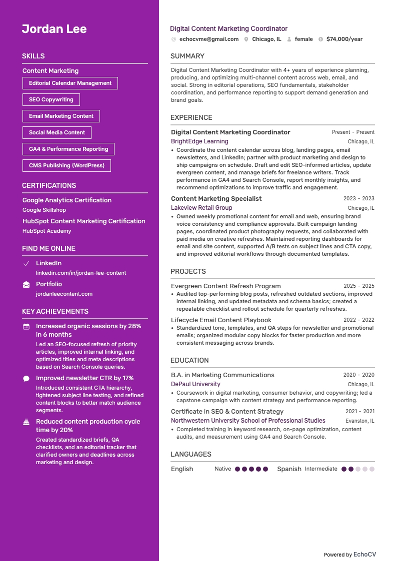 Coordinador de marketing de contenidos digitales example resume