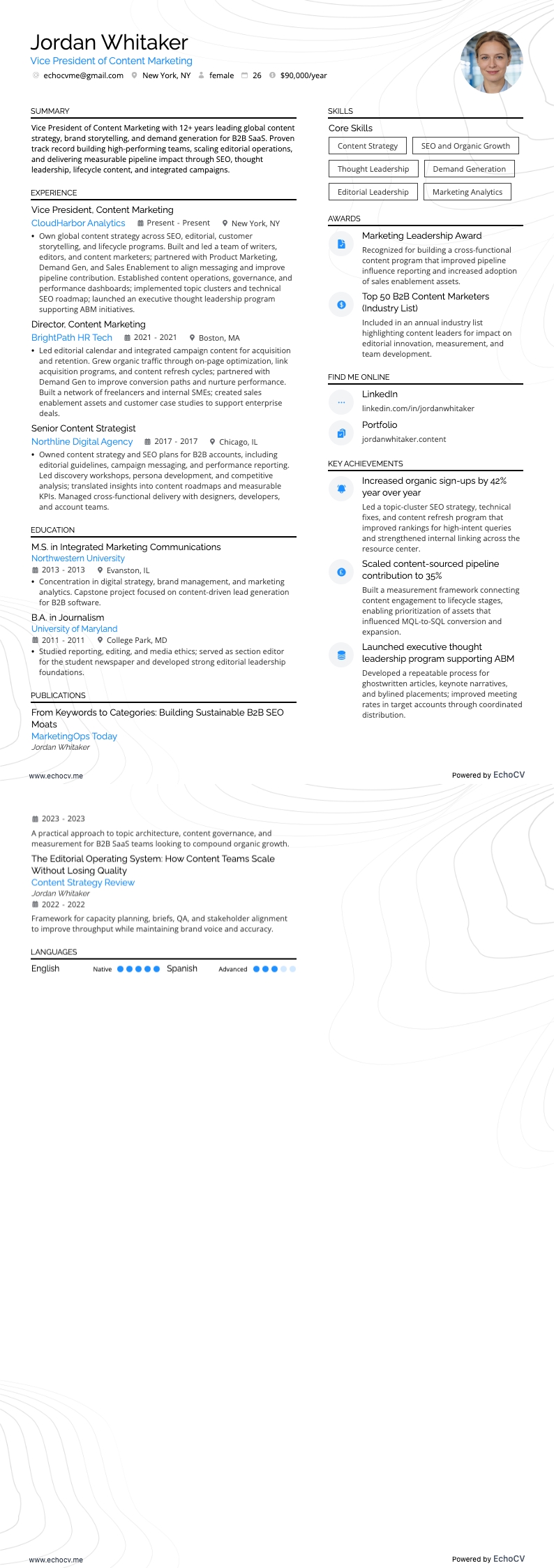 Vicepresidente de Marketing de Contenidos resume example