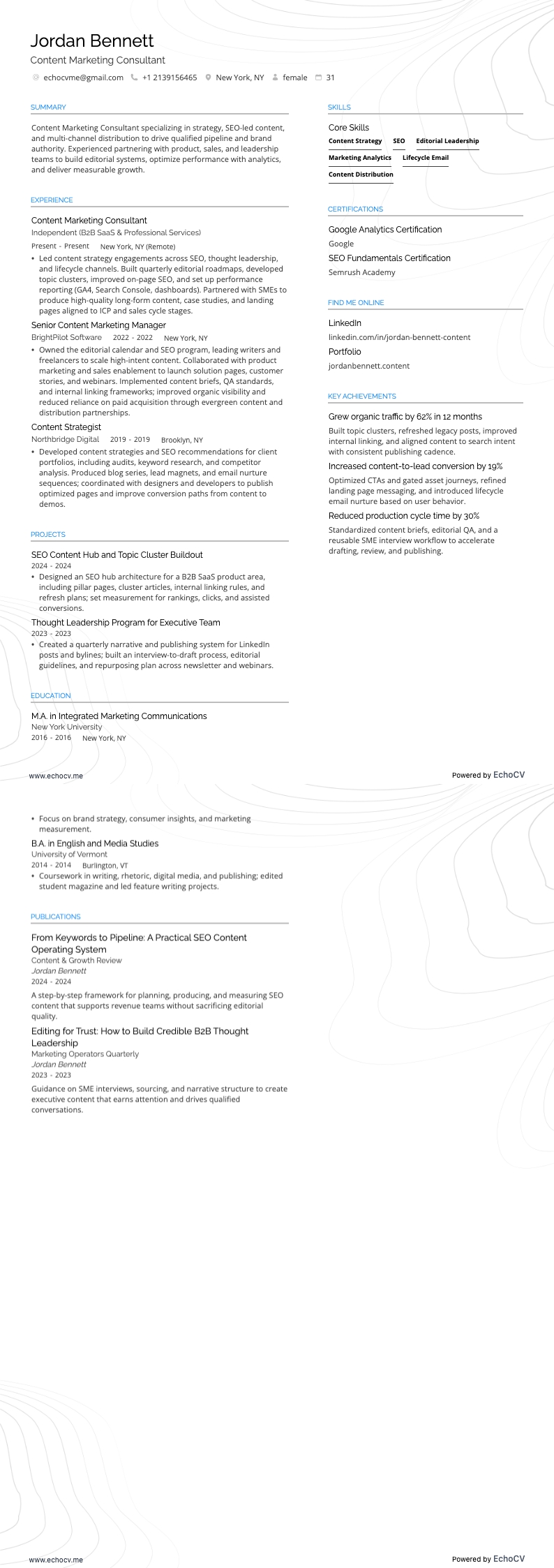 Consultor de marketing de contenidos example resume