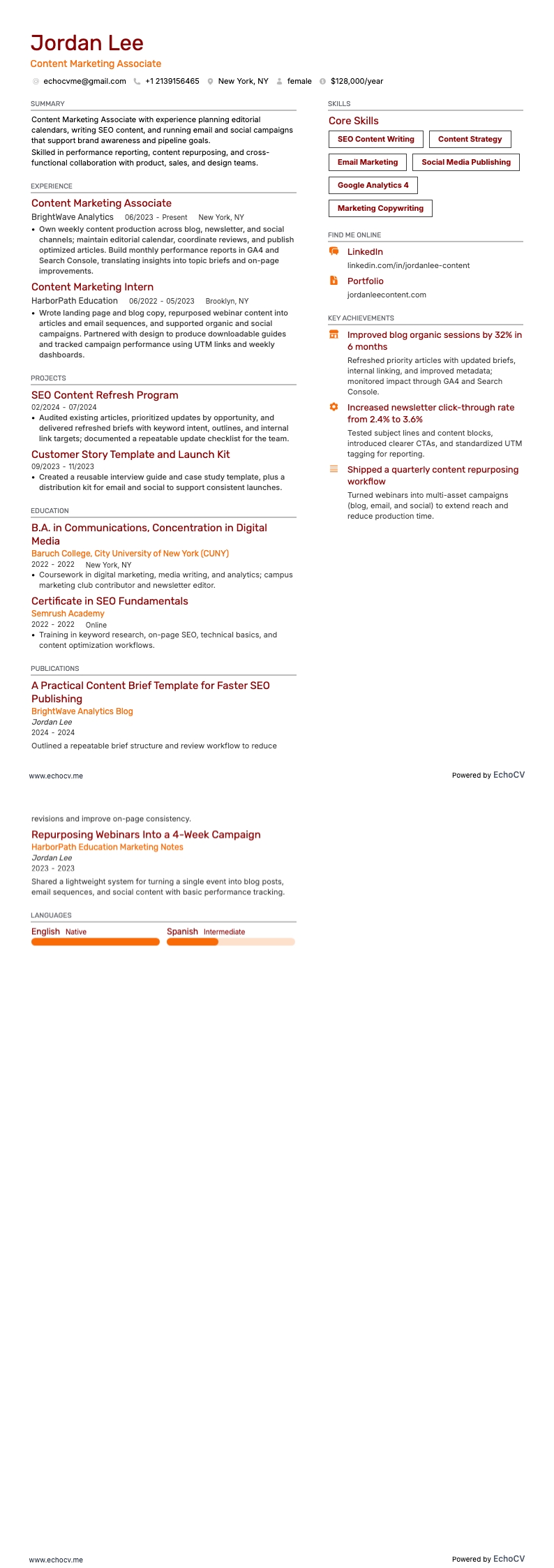 Asociado de marketing de contenidos example resume