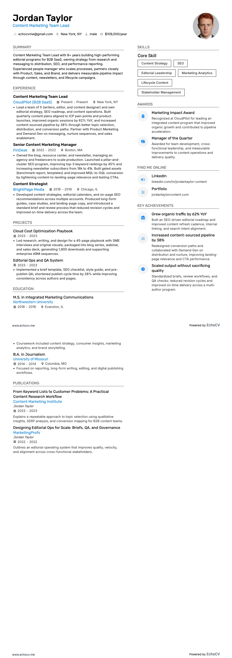 Líder de equipo de marketing de contenidos example resume