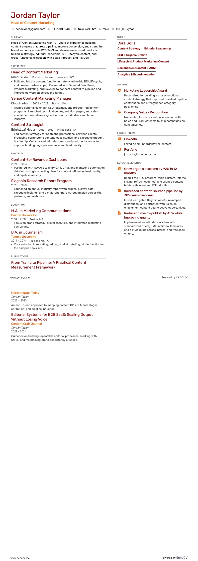 Director de Marketing de Contenidos example resume