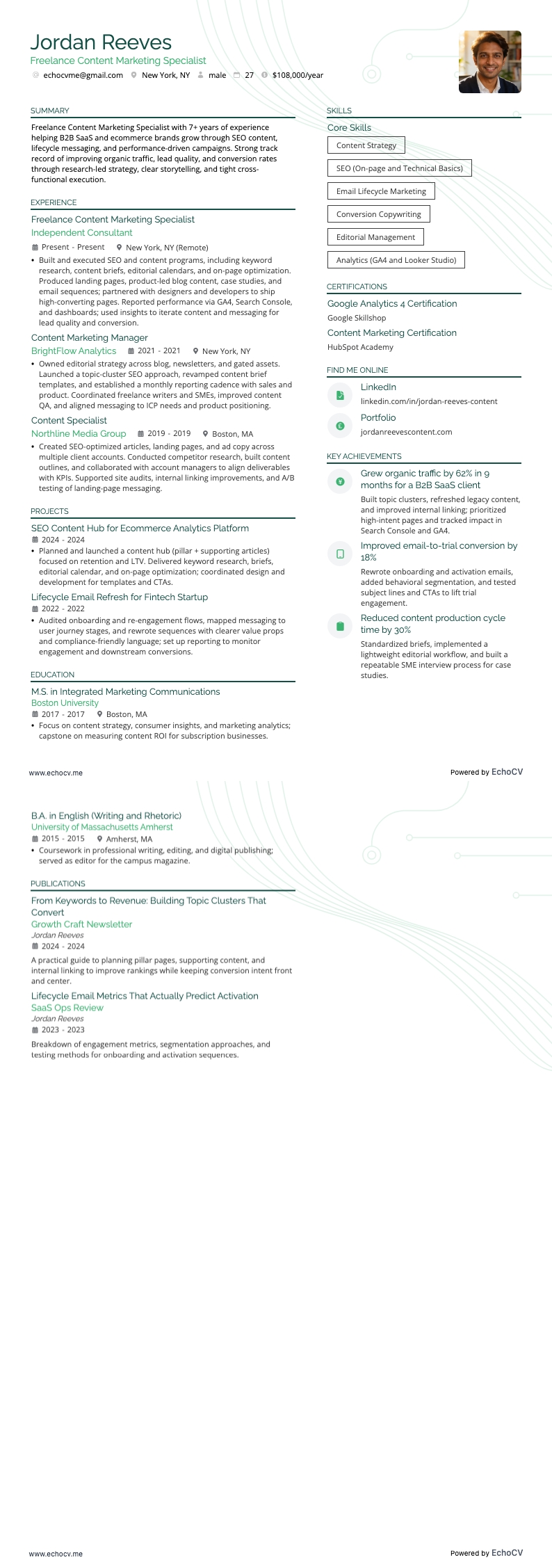 Especialista freelance en marketing de contenidos example resume