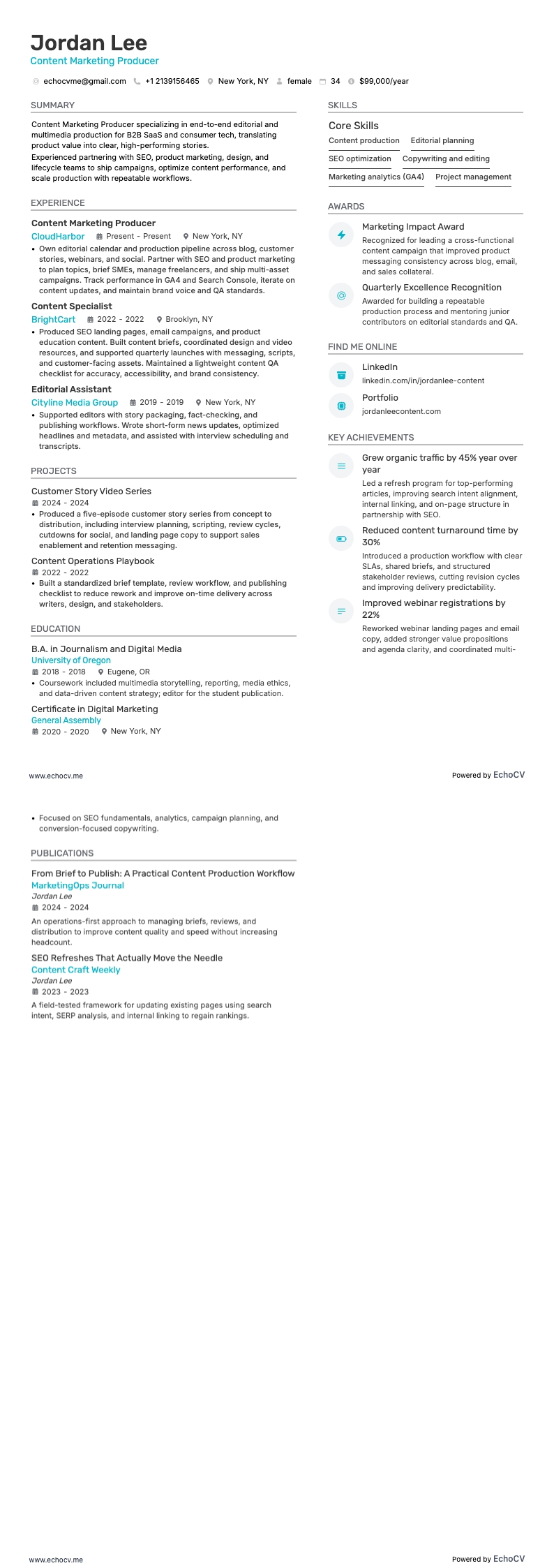 Productor de marketing de contenidos example resume