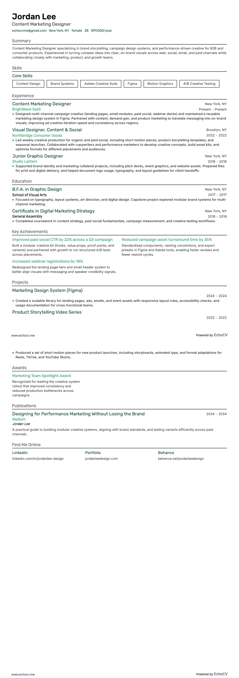 Diseñador de marketing de contenidos example resume