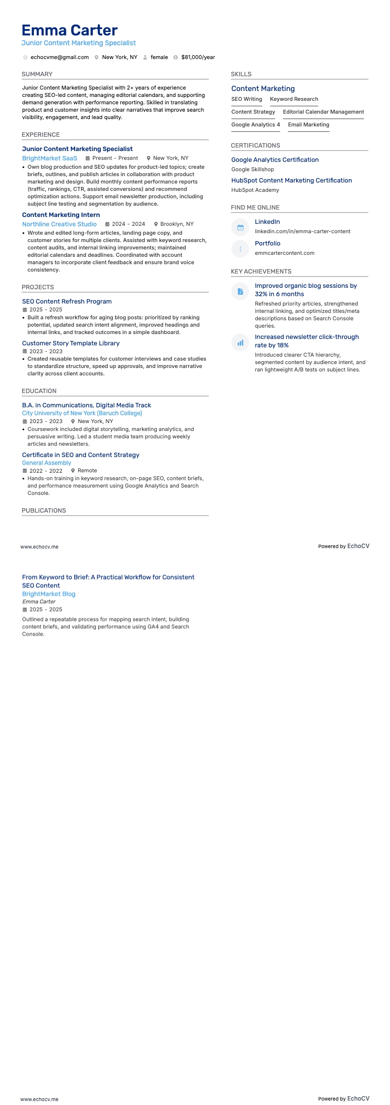 Especialista júnior en marketing de contenidos example resume