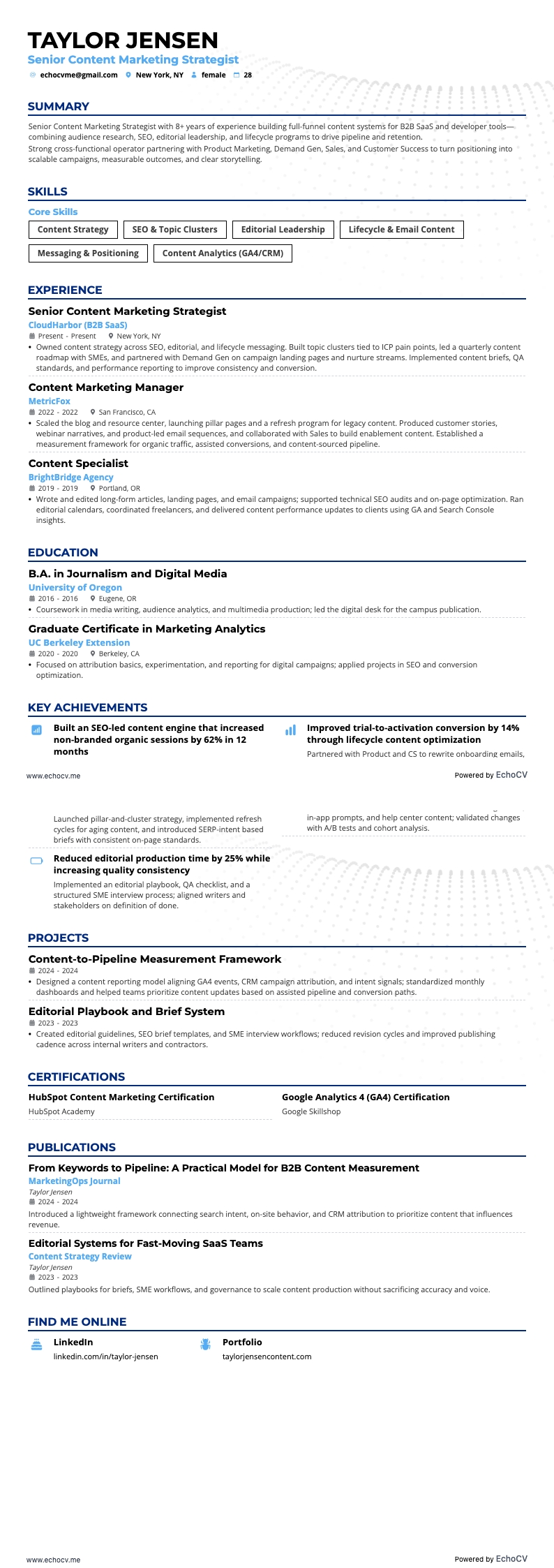 Estratega sénior de marketing de contenidos example resume