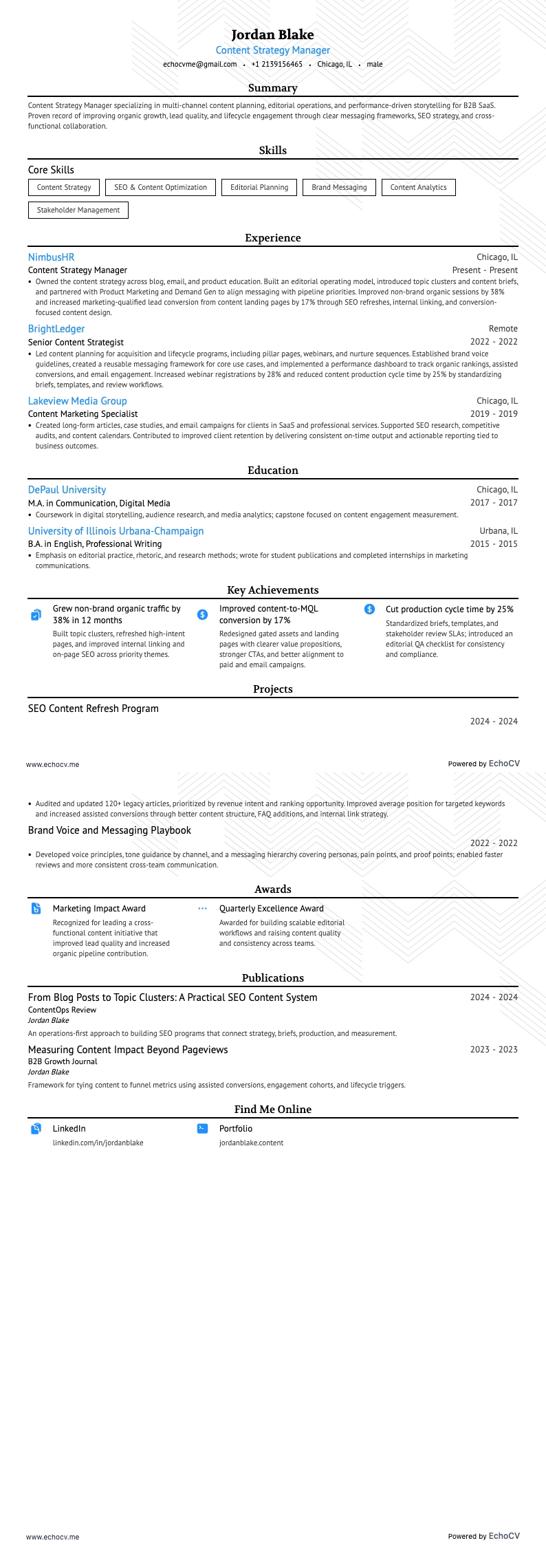 Content Strategy Manager example resume