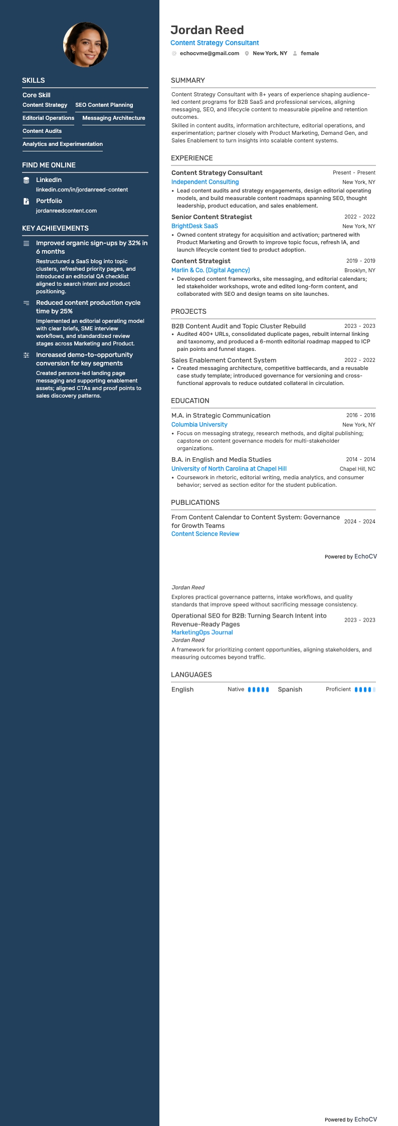 Content Strategy Consultant example resume