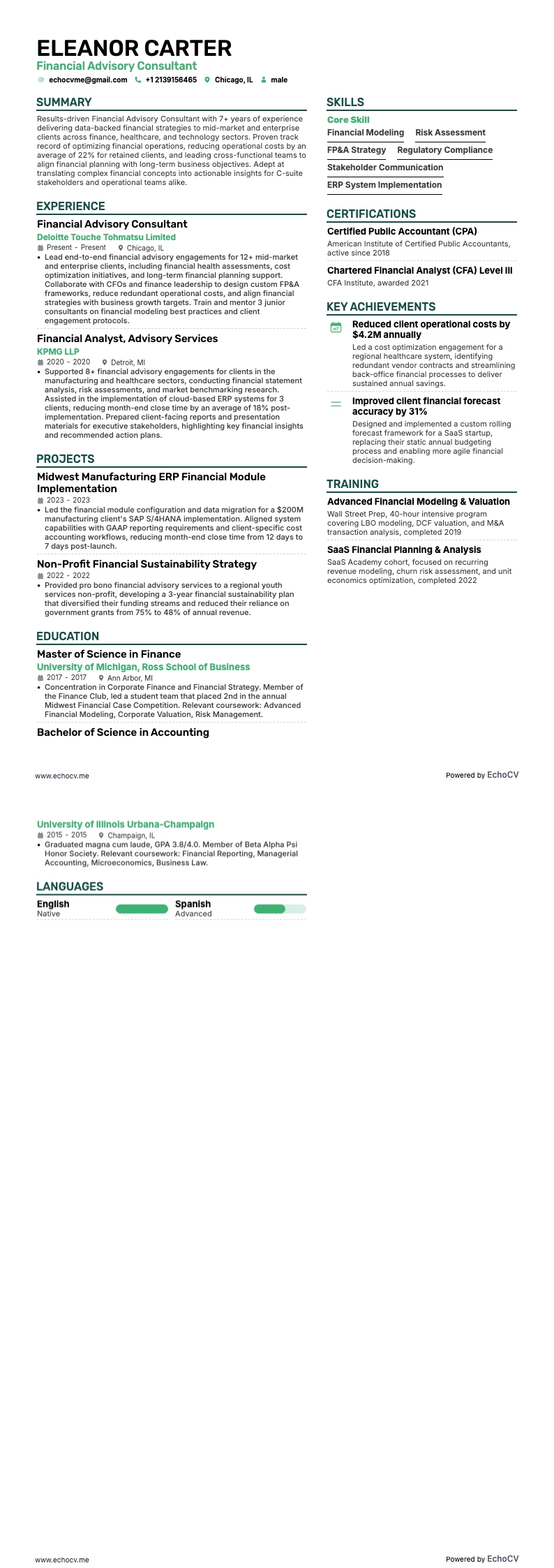 Financial Advisory Consultant example resume
