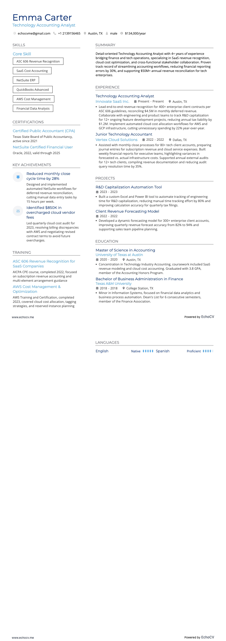 Analyste en comptabilité technologique example resume