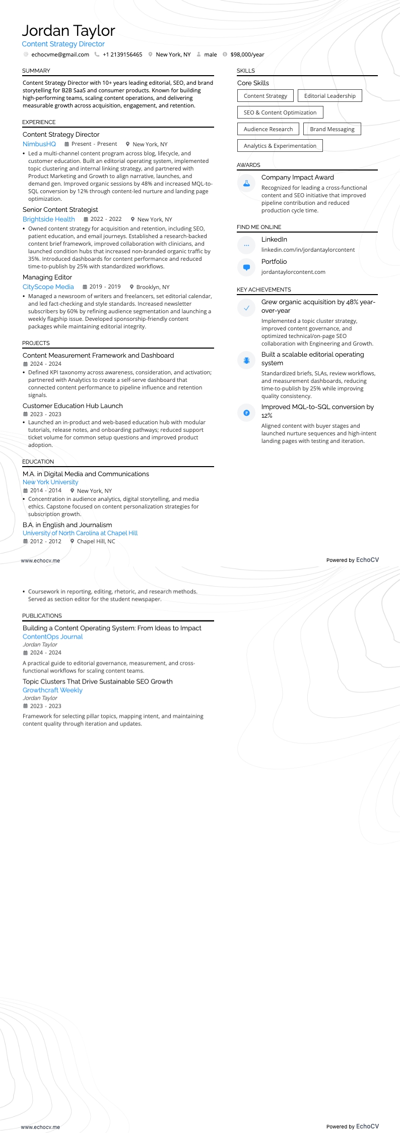 Content Strategy Director example resume