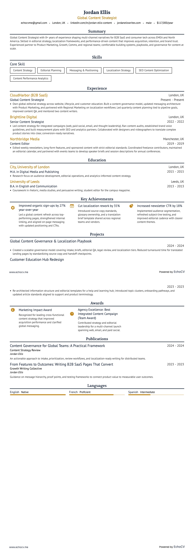 Global Content Strategist example resume