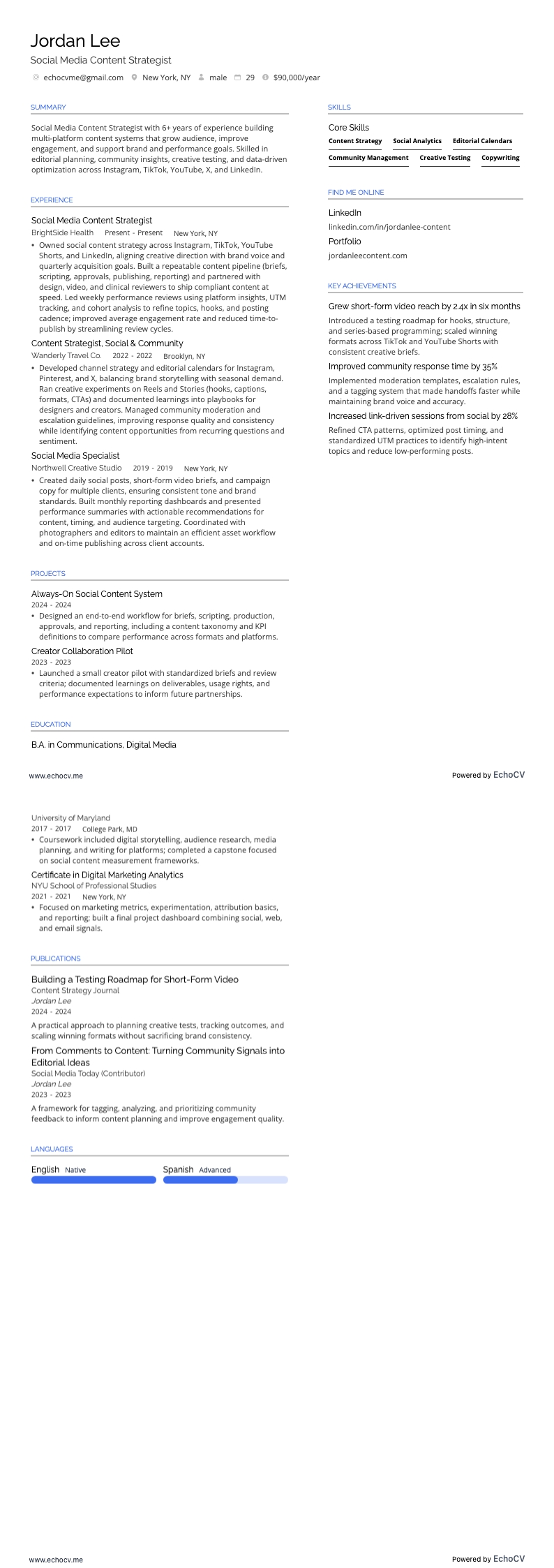 Social Media Content Strategist example resume