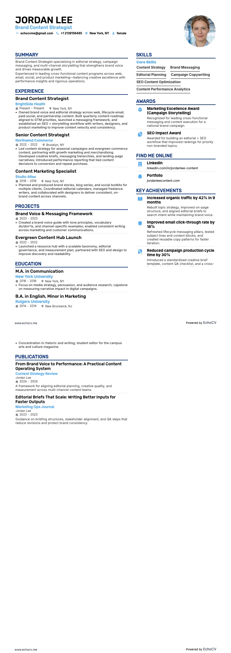 Brand Content Strategist example resume