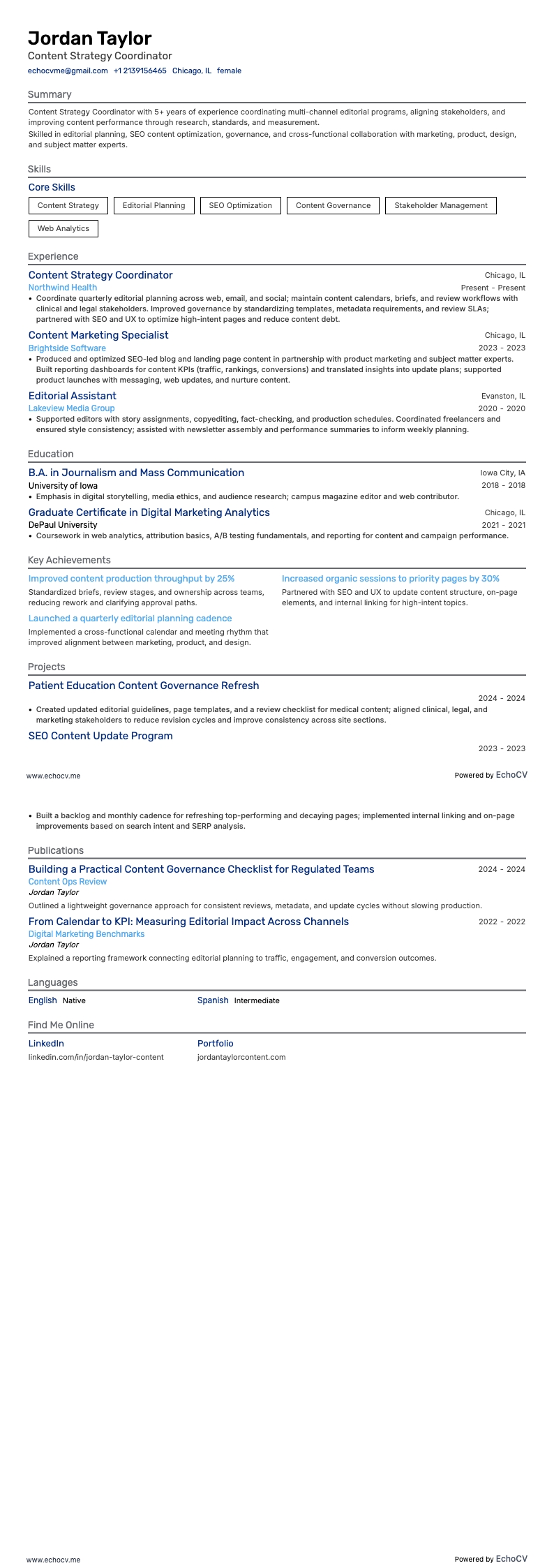 Content Strategy Coordinator example resume