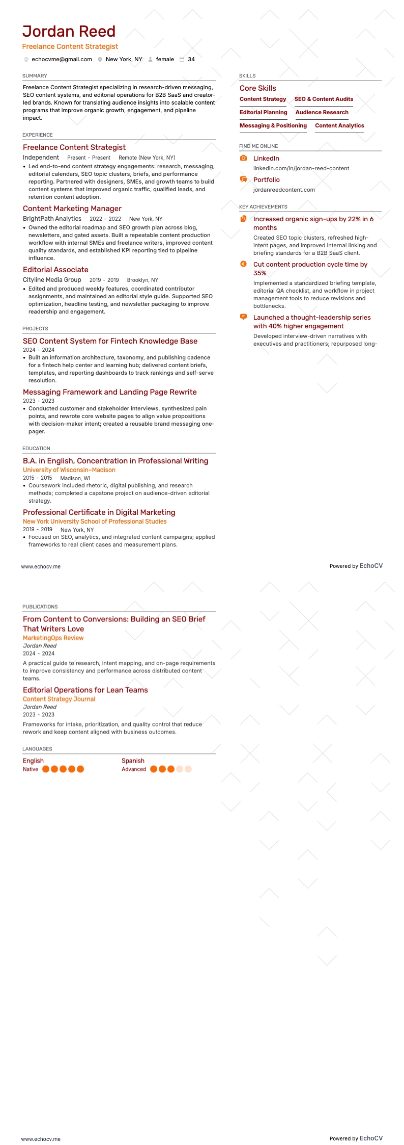 Freelance Content Strategist example resume