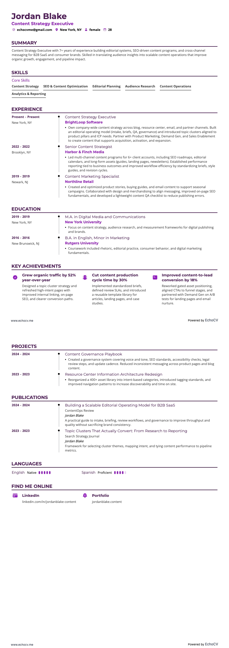 Content Strategy Executive example resume
