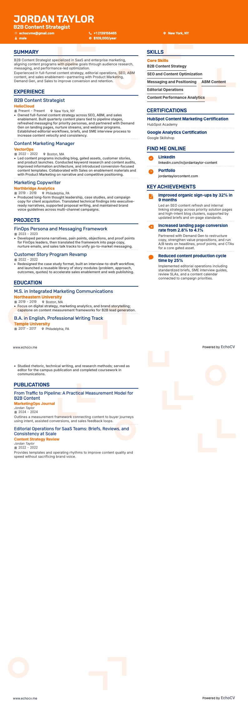 B2B Content Strategist example resume