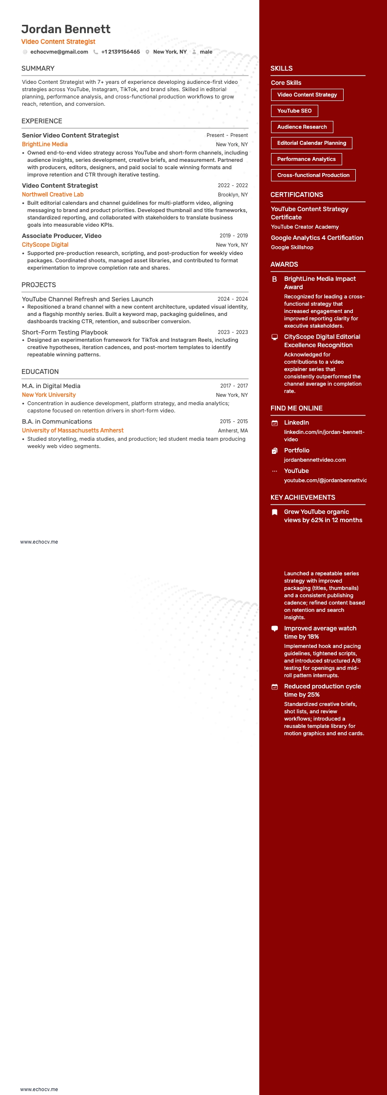 Video Content Strategist example resume