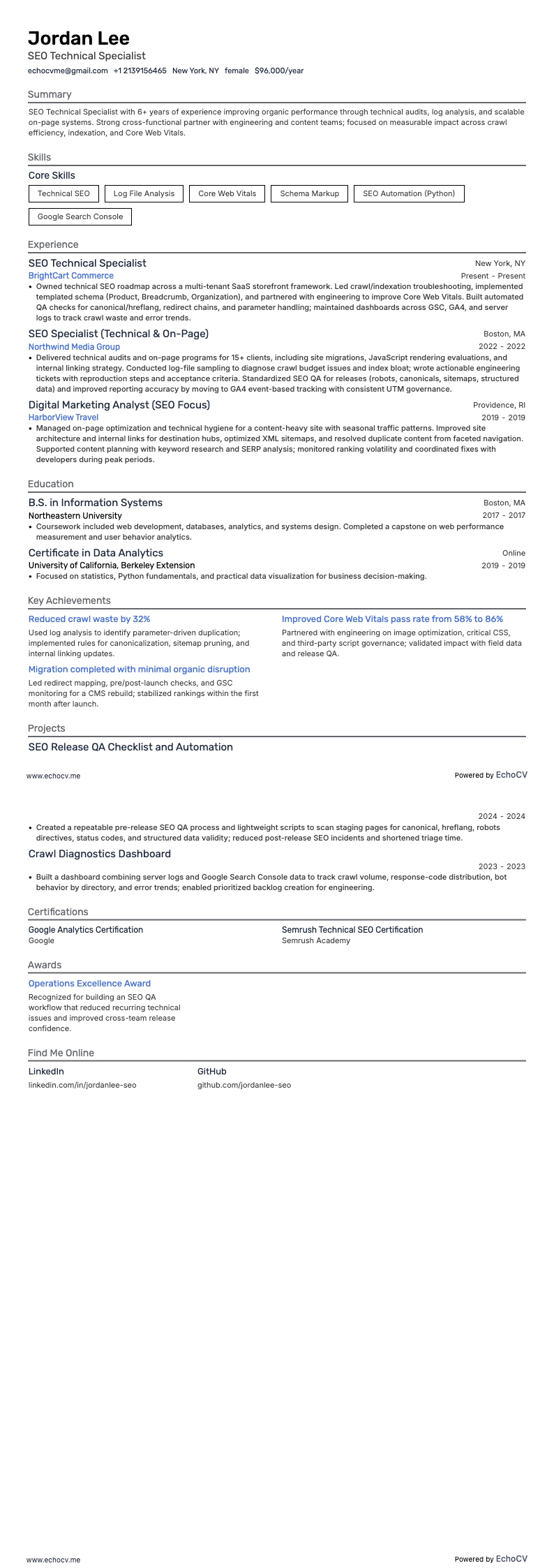 SEO 기술 전문가 example resume