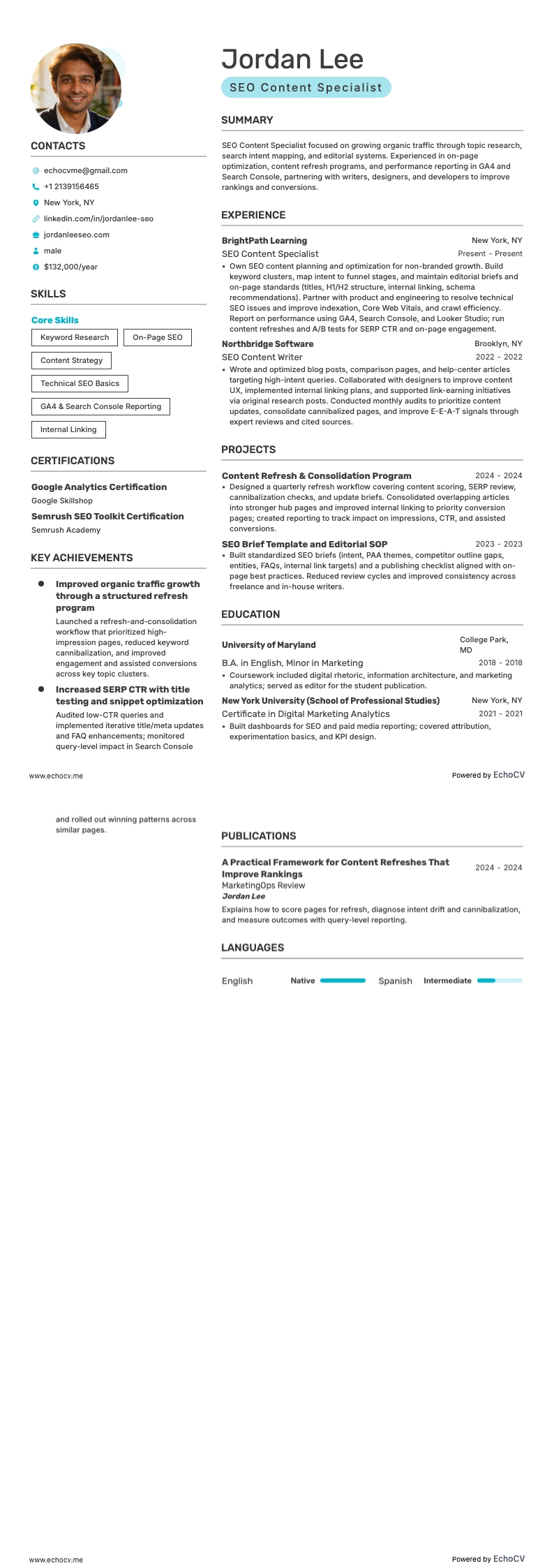 SEO 콘텐츠 전문가 example resume