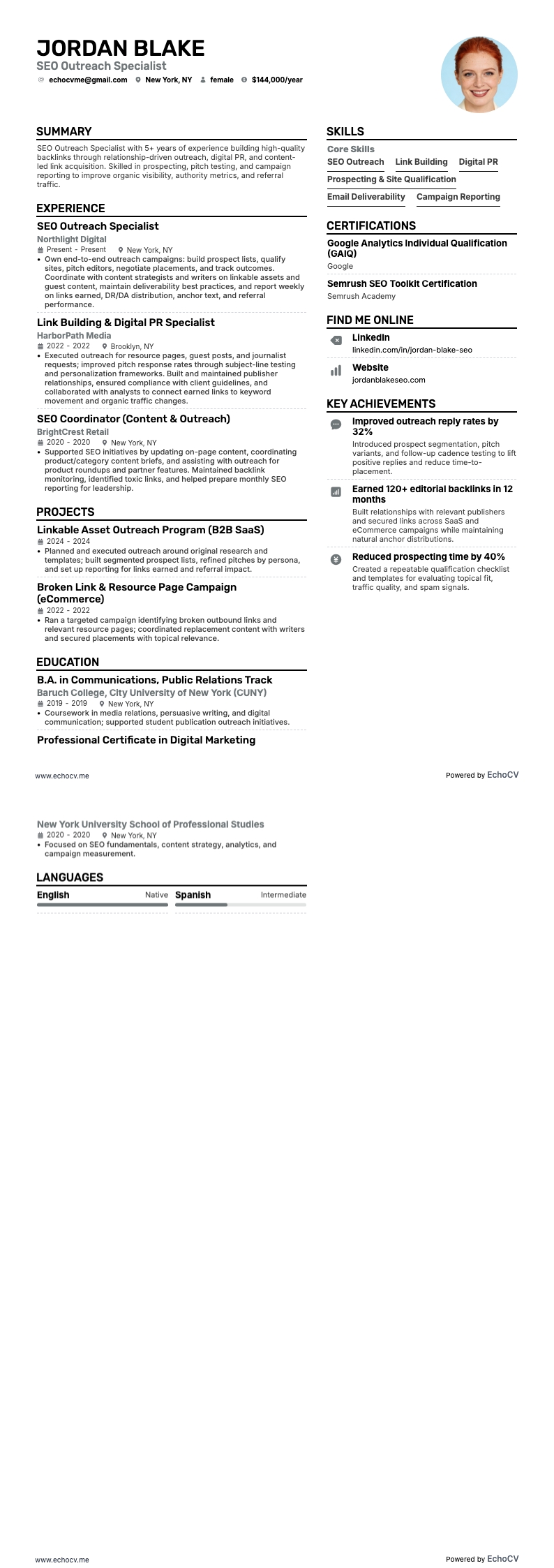 SEO 아웃리치 전문가 example resume