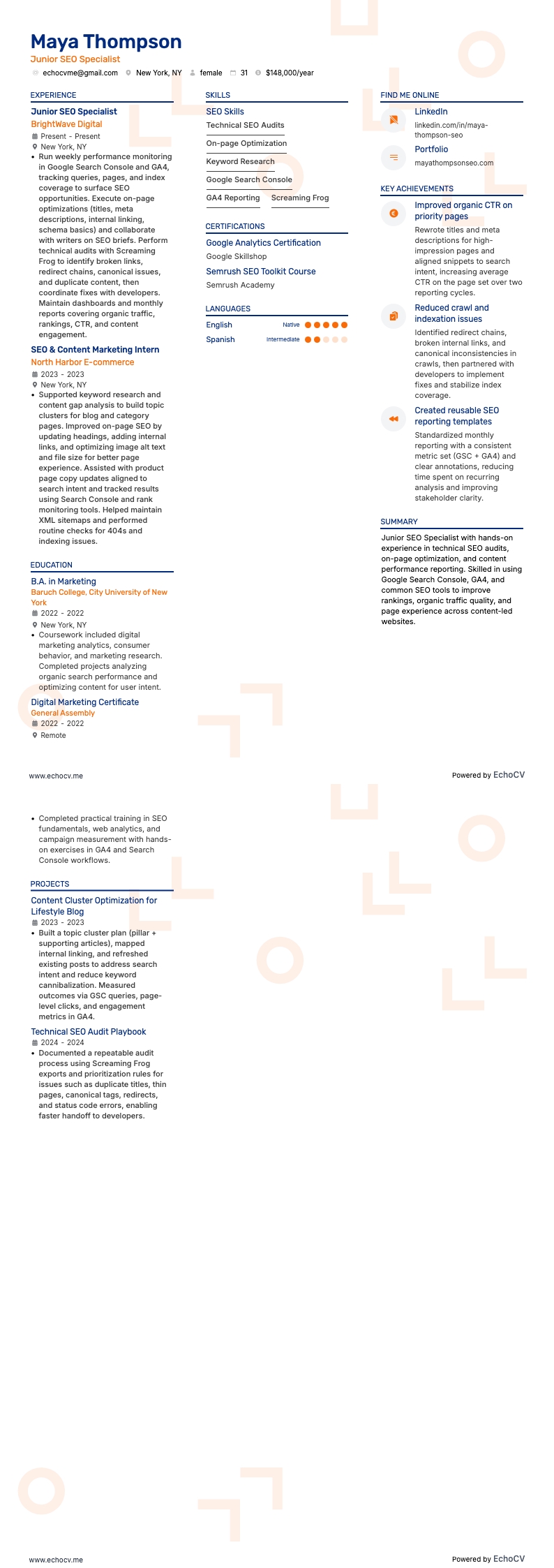 주니어 SEO 전문가 example resume