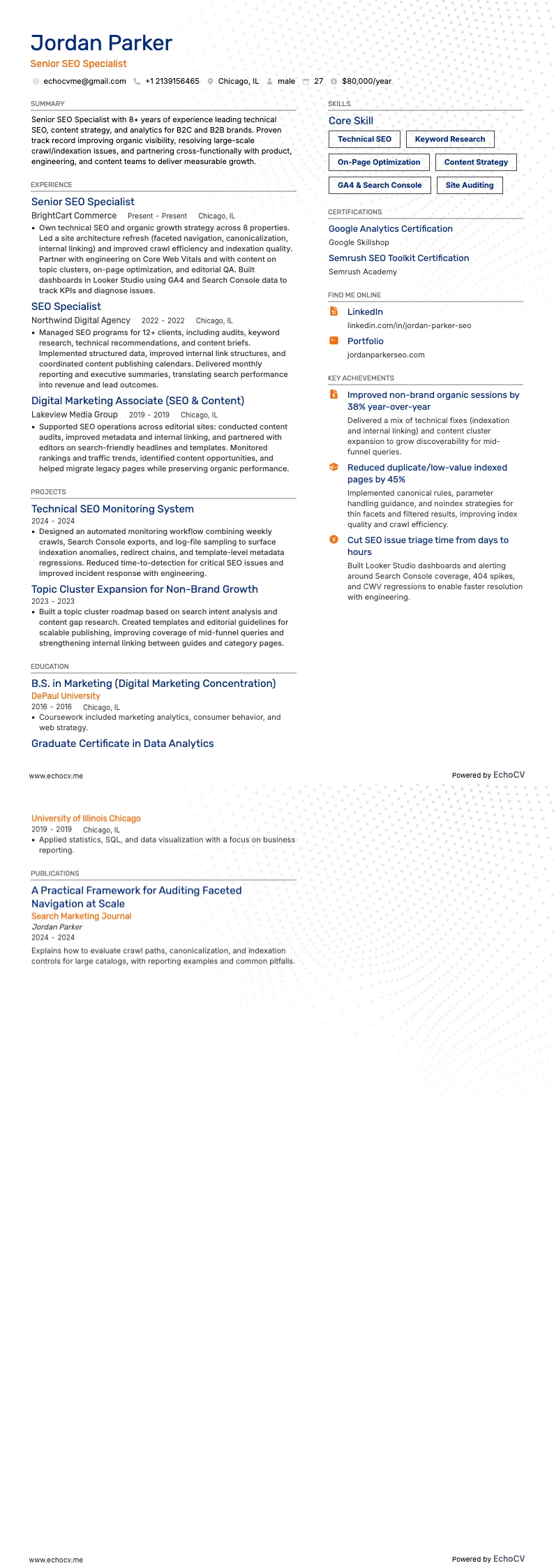 시니어 SEO 전문가 example resume