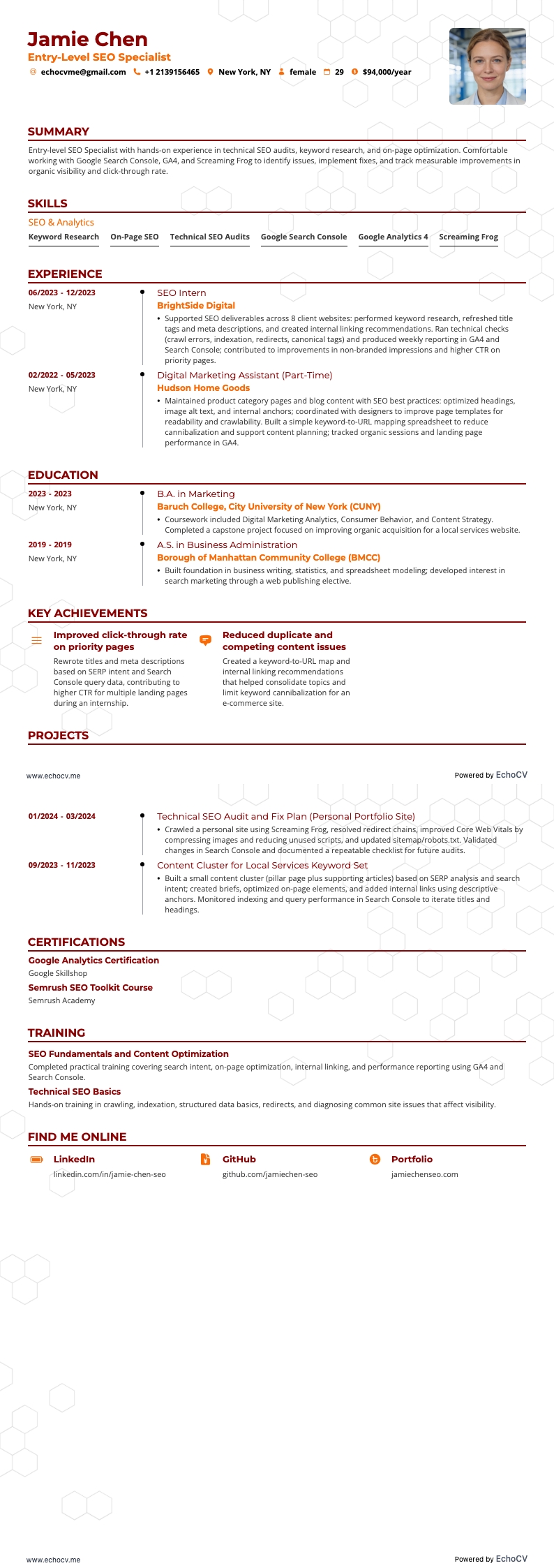 초급 SEO 전문가 example resume
