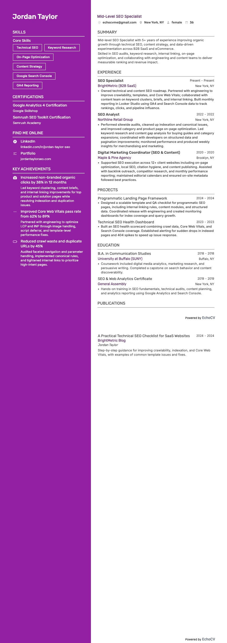 중급 SEO 전문가 resume example