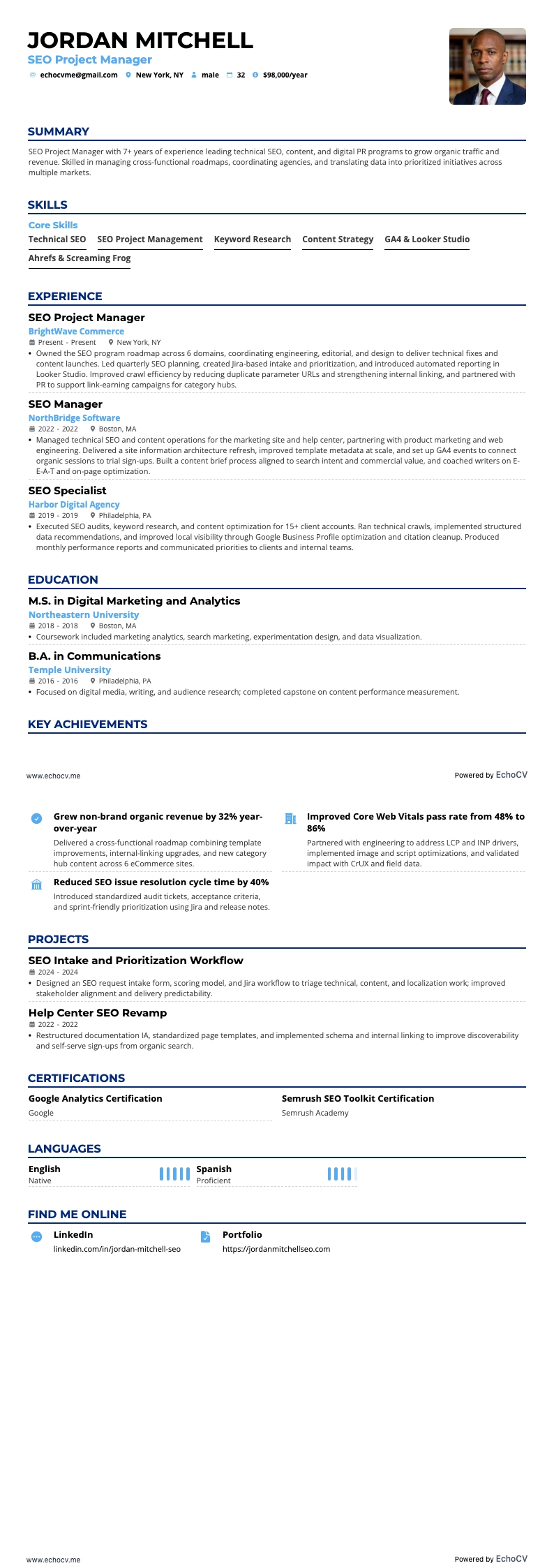 SEO Project Manager example resume