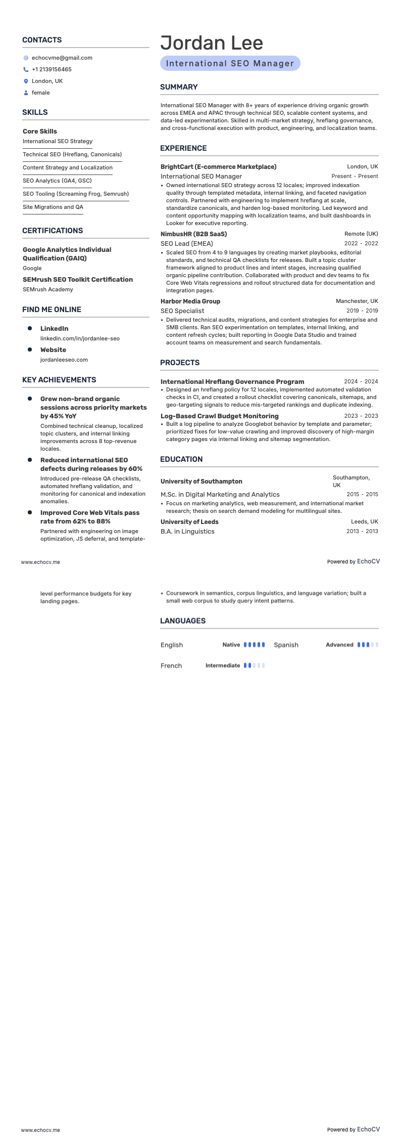 International SEO Manager example resume