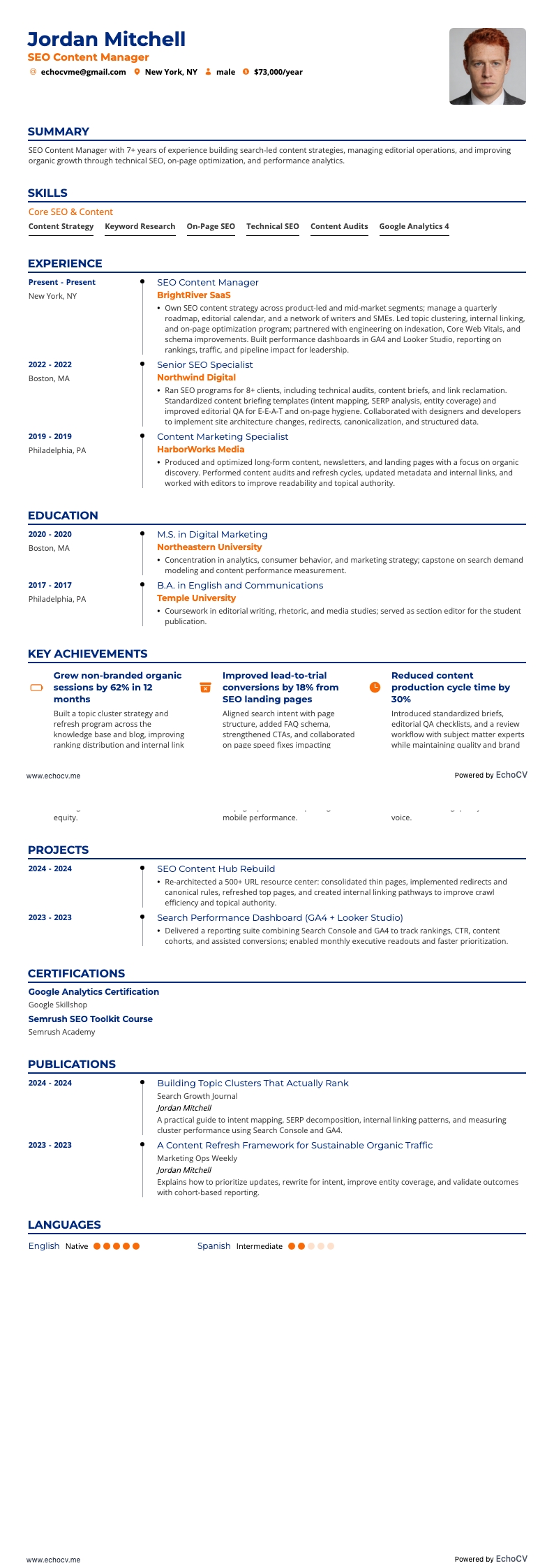 SEO Content Manager example resume