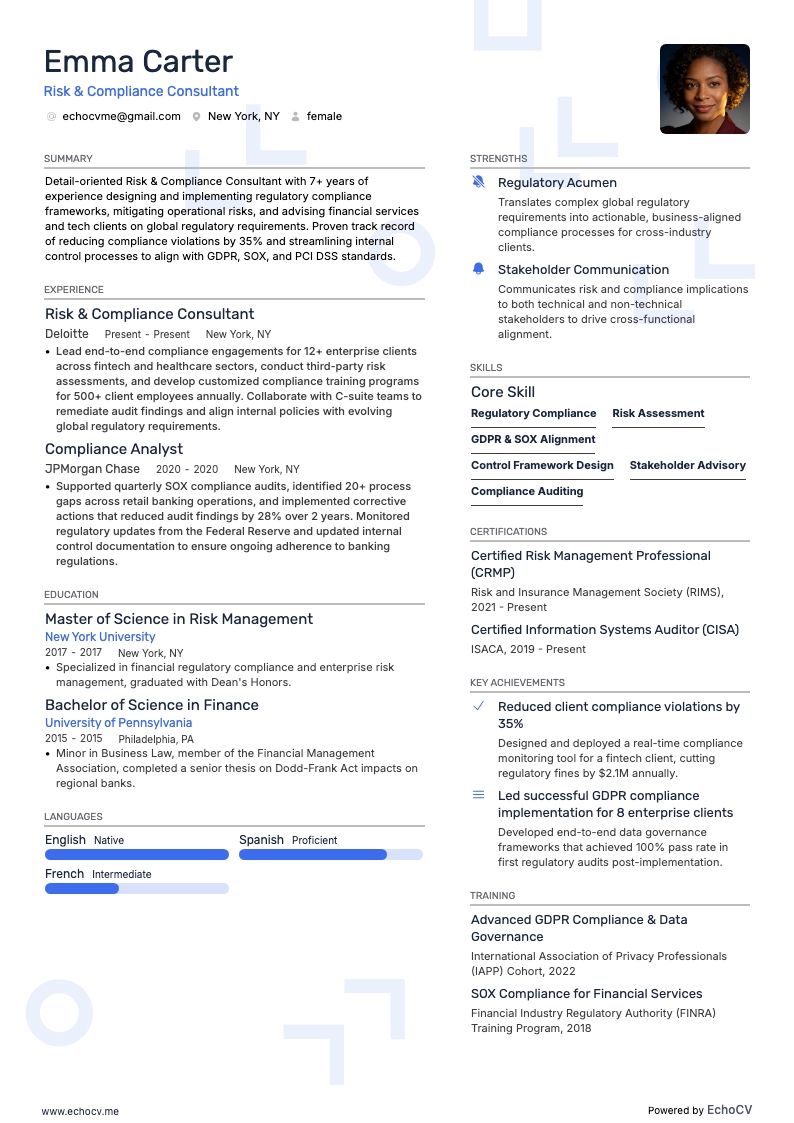Risk & Compliance Consultant example resume