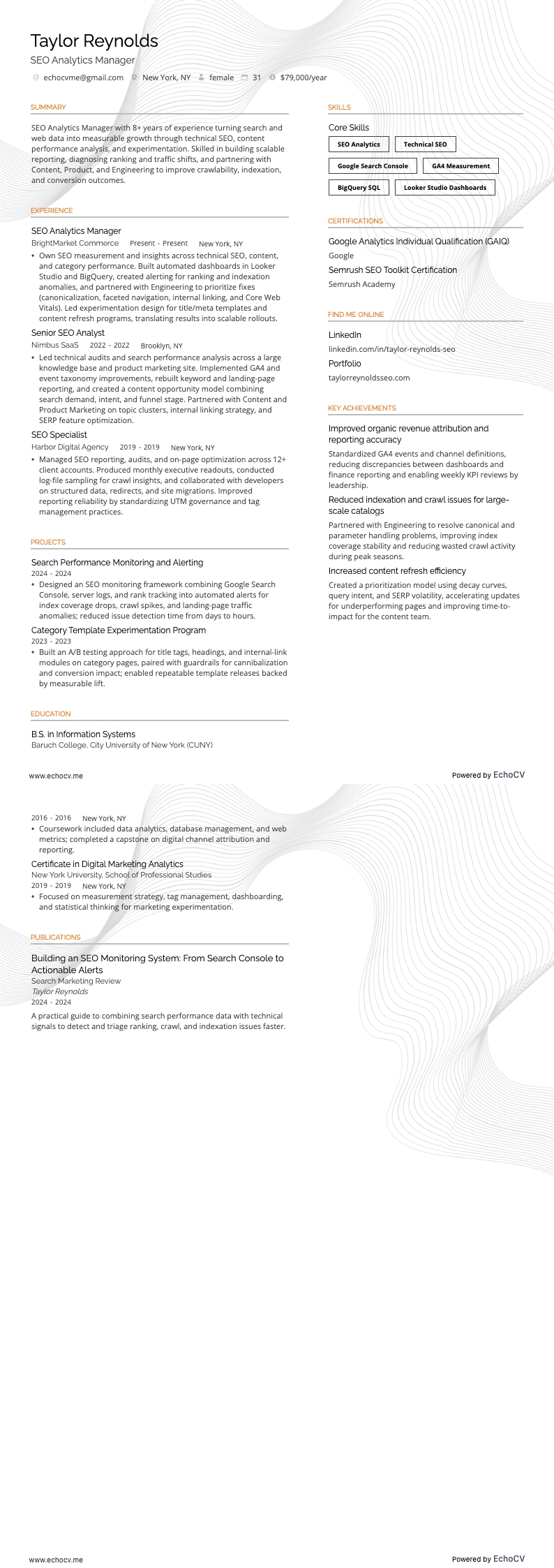 SEO Analytics Manager example resume