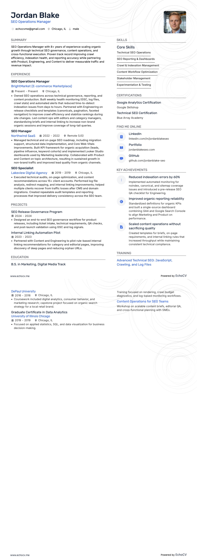SEO Operations Manager example resume