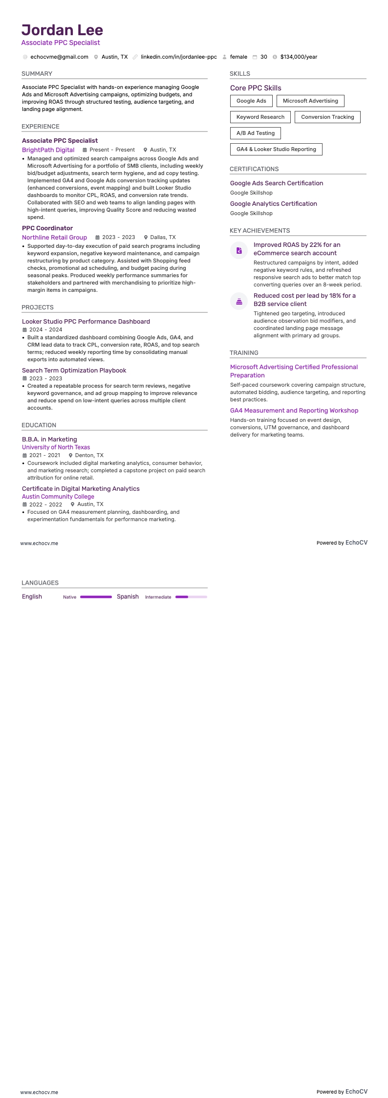 初級PPC專員 example resume