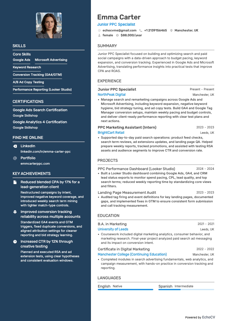 初階PPC專員 resume example