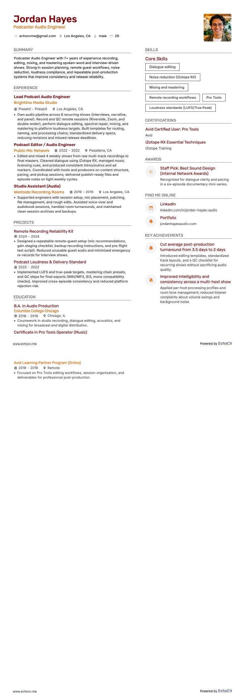 Podcaster Audio Engineer example resume