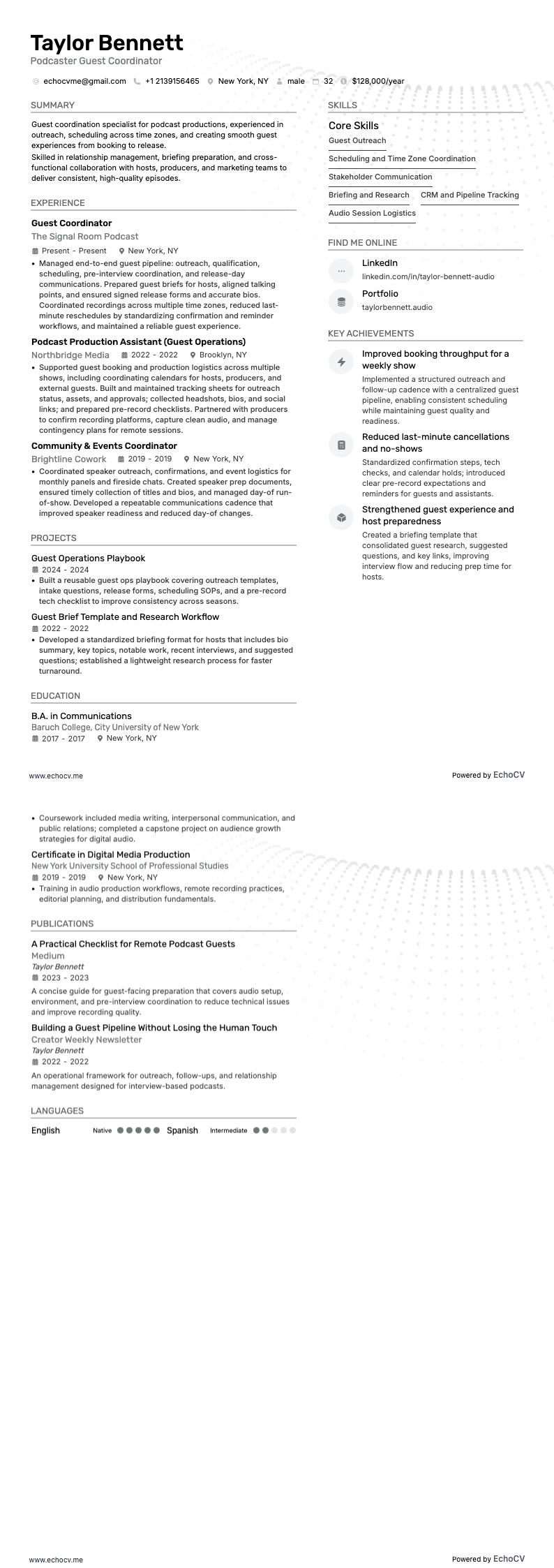 Podcaster Guest Coordinator example resume