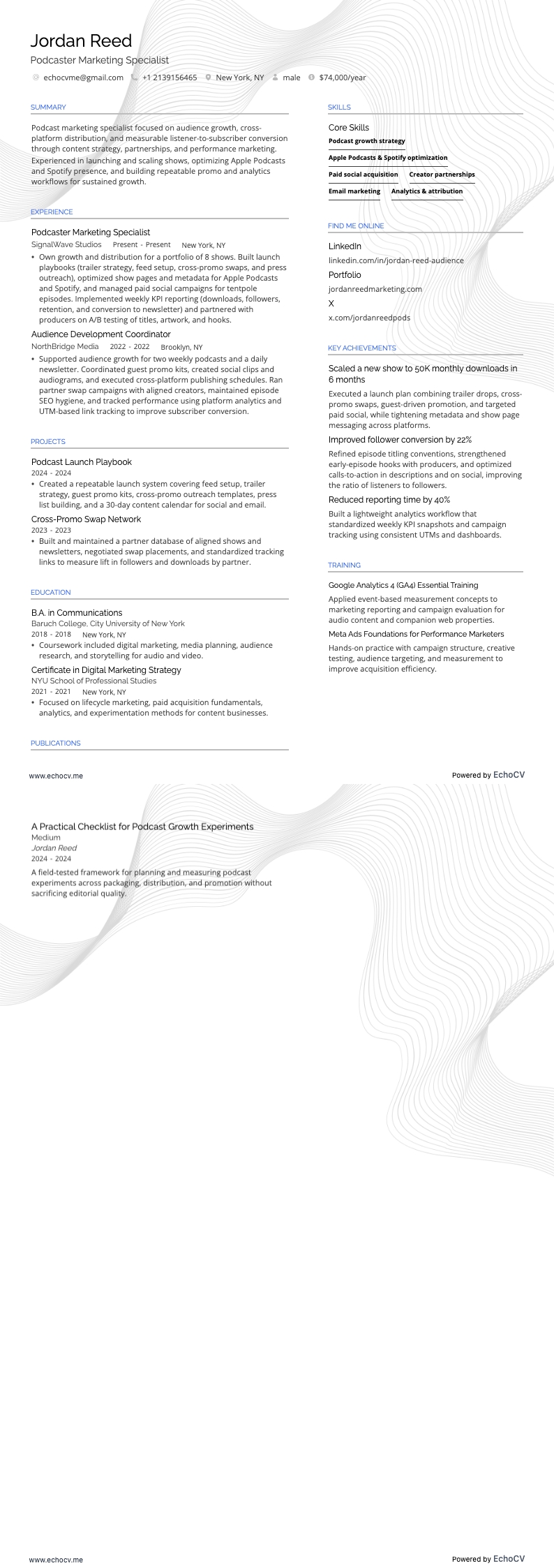 Podcaster Marketing Specialist example resume