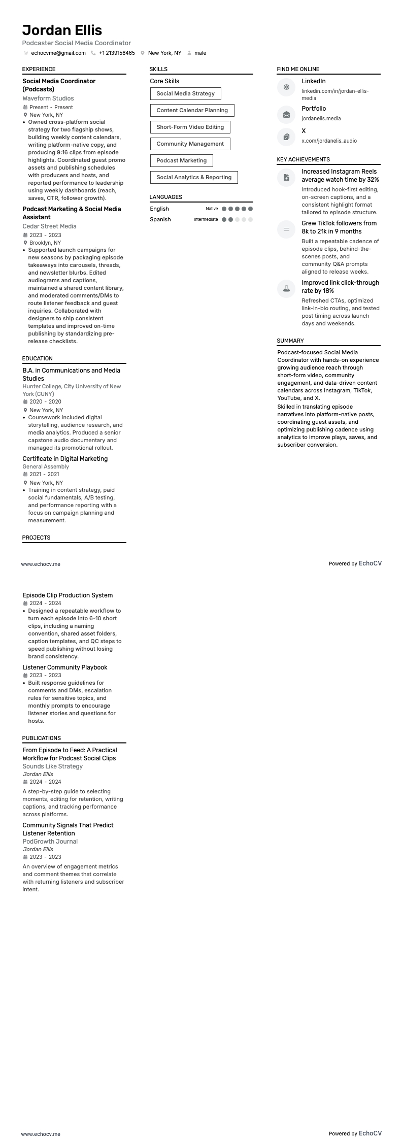 Podcaster Social Media Coordinator example resume