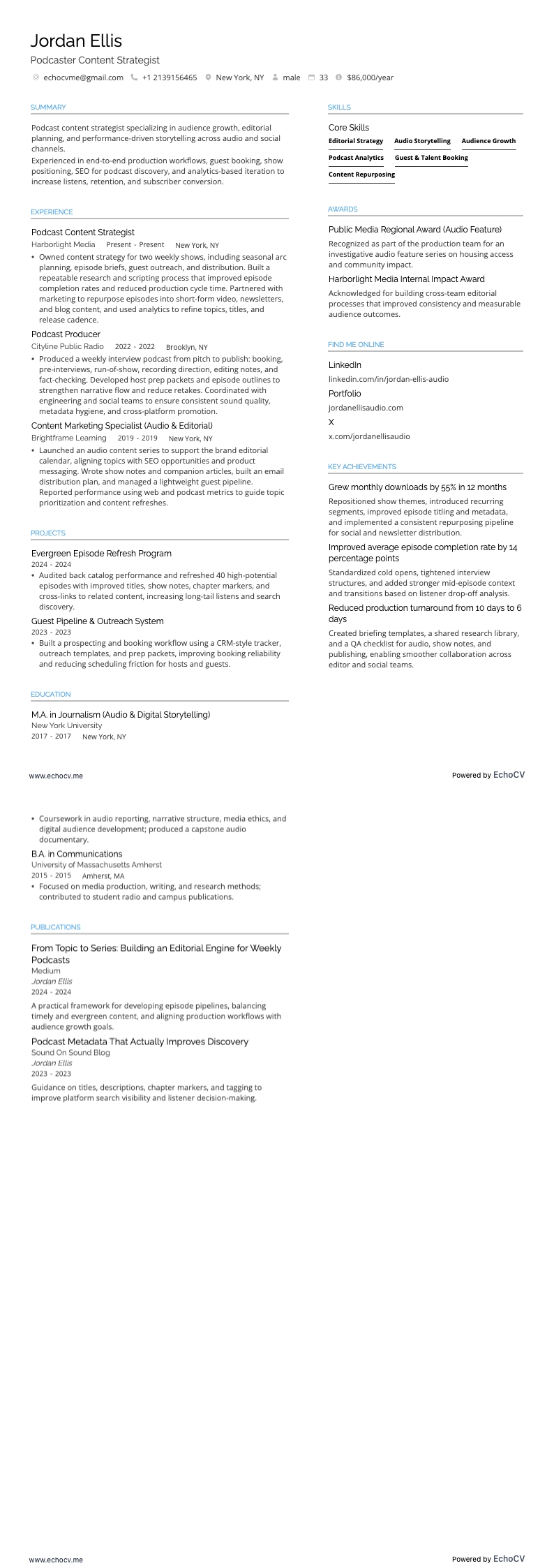 Podcaster Content Strategist example resume