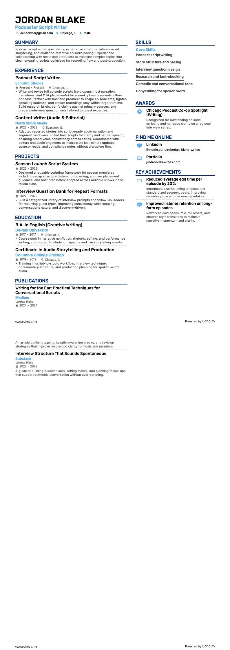 Podcaster Script Writer example resume