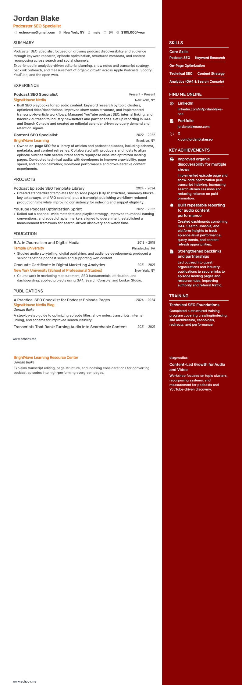 Podcaster SEO Specialist example resume