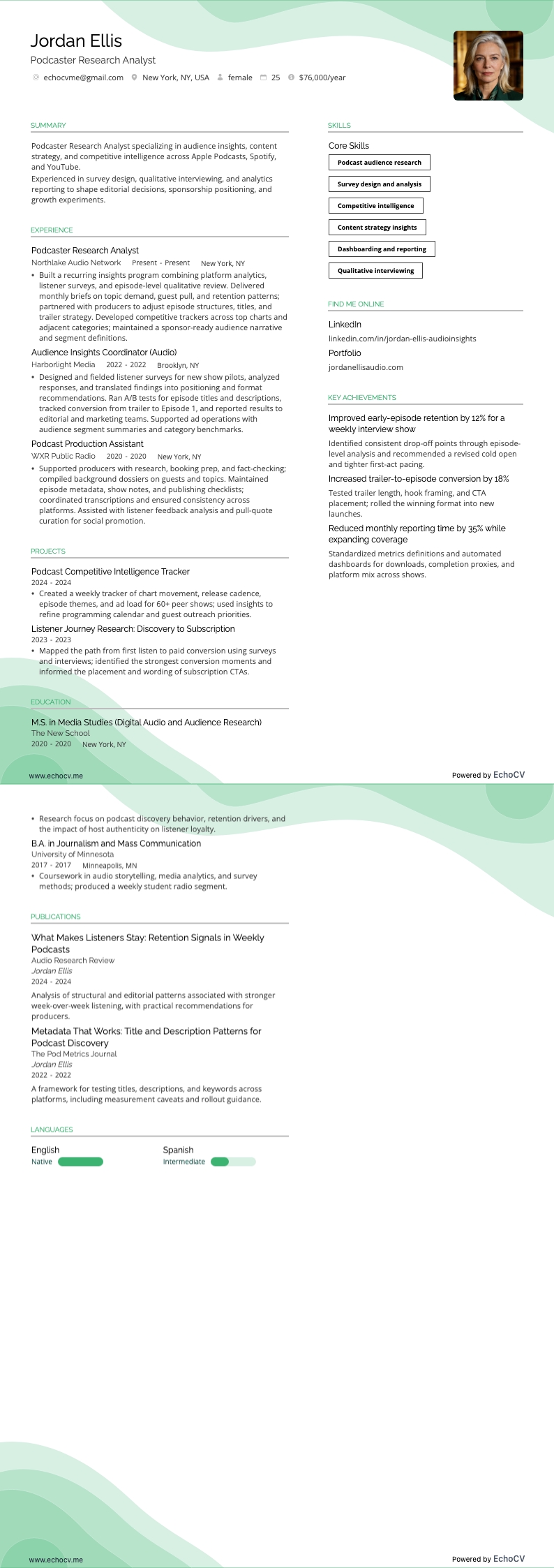 Podcaster Research Analyst example resume