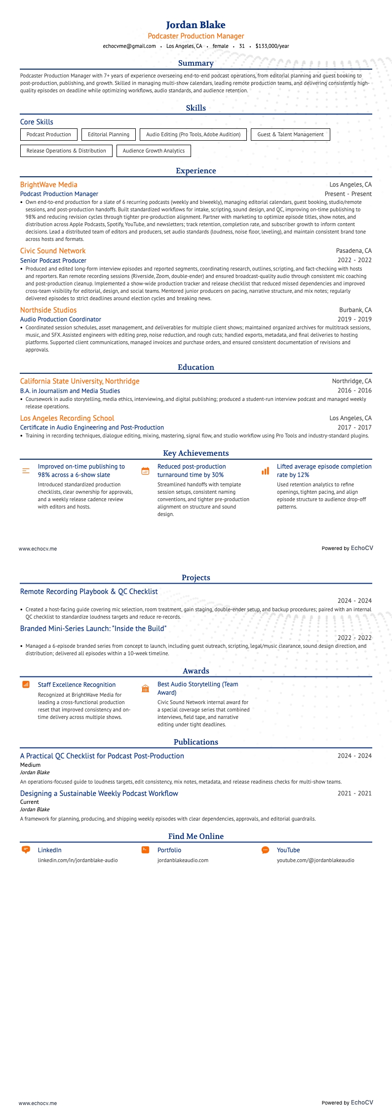 Podcaster Production Manager example resume