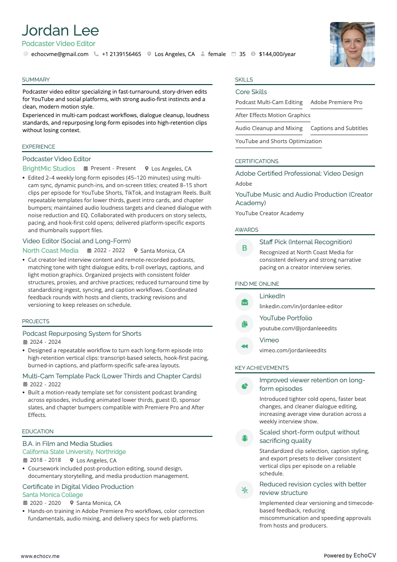 Podcaster Video Editor example resume