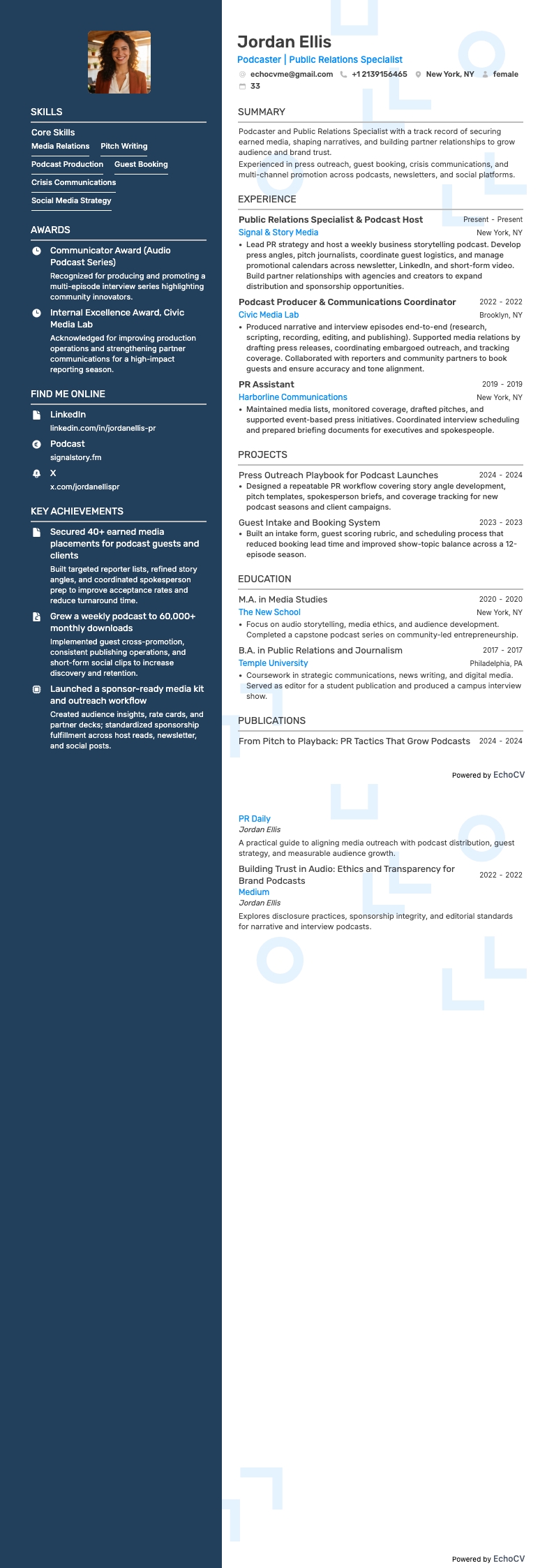 Podcaster Public Relations Specialist example resume